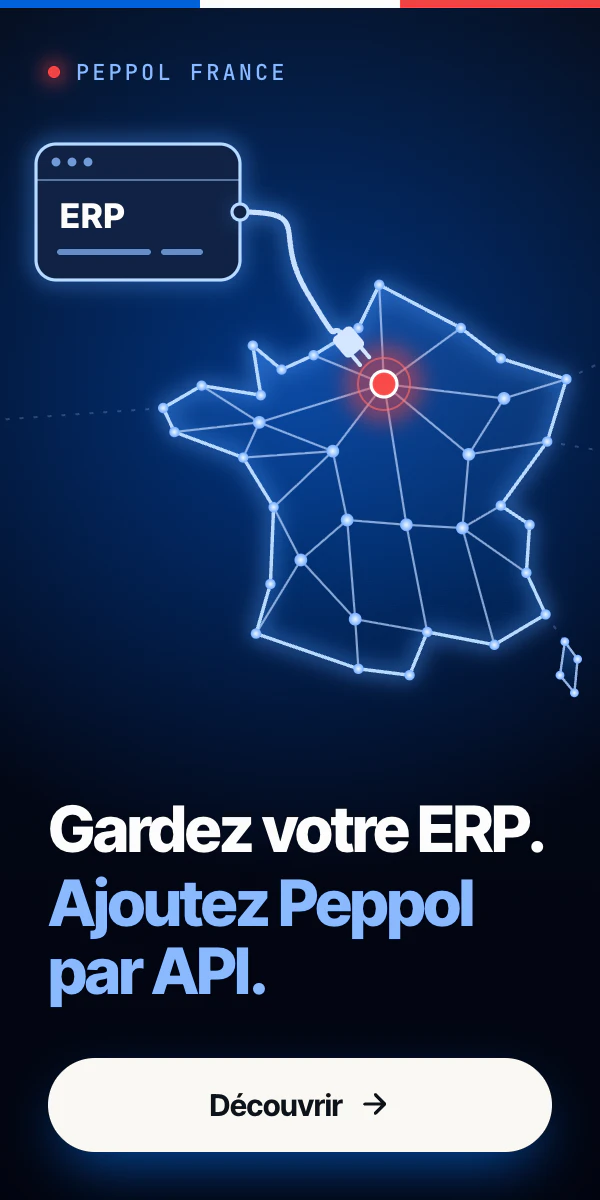 Peppol France. Gardez votre ERP. Ajoutez Peppol par API. Illustration : un bloc ERP branché sur un réseau en forme de France.
