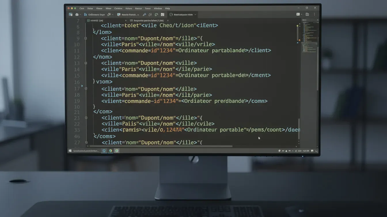 L'image montre un écran d'ordinateur avec des lignes de données XML structurées, représentant des informations relatives à la facturation électronique. Ces données peuvent inclure des éléments essentiels pour la transmission des factures électroniques, conformément aux obligations de l'administration fiscale.