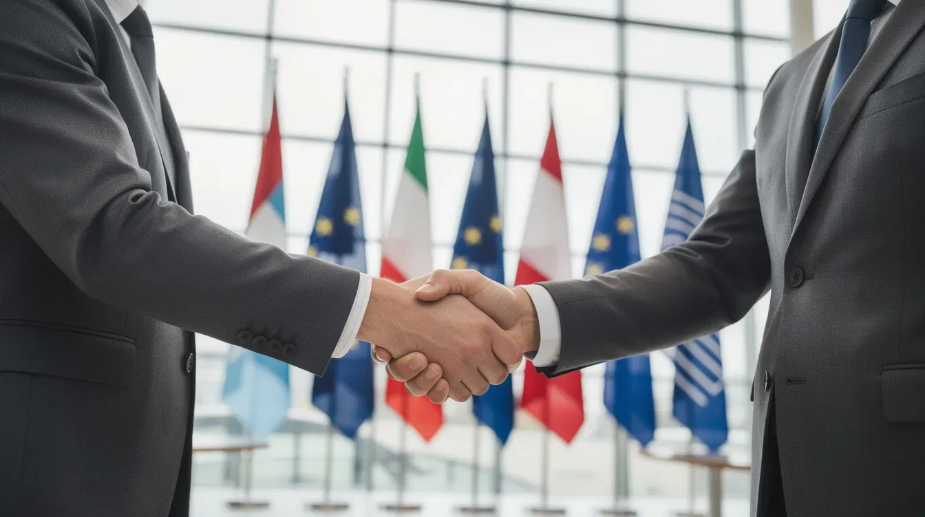 L'image montre une poignée de main entre deux professionnels, symbolisant la collaboration, avec en arrière-plan des drapeaux européens représentant différents pays. Cette scène évoque les échanges dans le cadre de la facturation électronique et des réseaux comme le réseau Peppol, favorisant l'interopérabilité entre les administrations publiques en Europe.