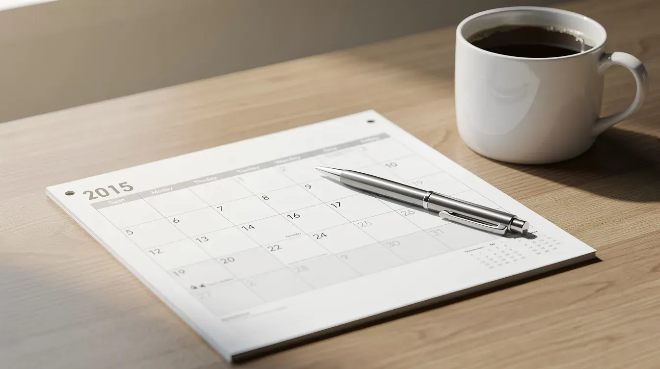 Une image montre un calendrier papier posé sur un bureau, accompagné d'un stylo et d'une tasse de café. Ce décor évoque un environnement de travail où l'on peut planifier des activités liées à la facturation électronique et à la gestion des données.