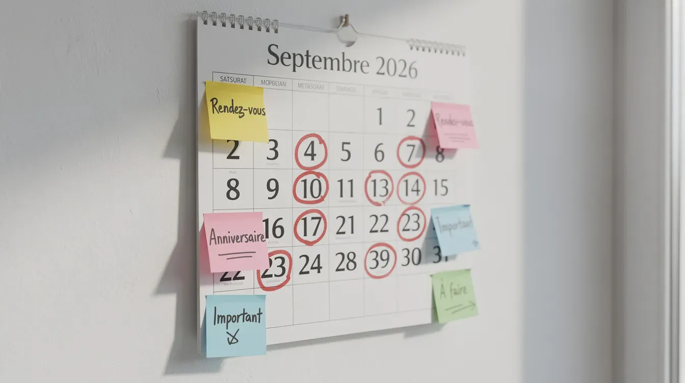 L'image montre un calendrier mural avec plusieurs dates entourées en rouge, indiquant des échéances importantes, et des post-it colorés ajoutés sur certaines dates pour des rappels. Ce calendrier pourrait être utilisé par des entreprises pour la mise à jour de leurs obligations de facturation électronique et de transmission des données à l'administration fiscale.