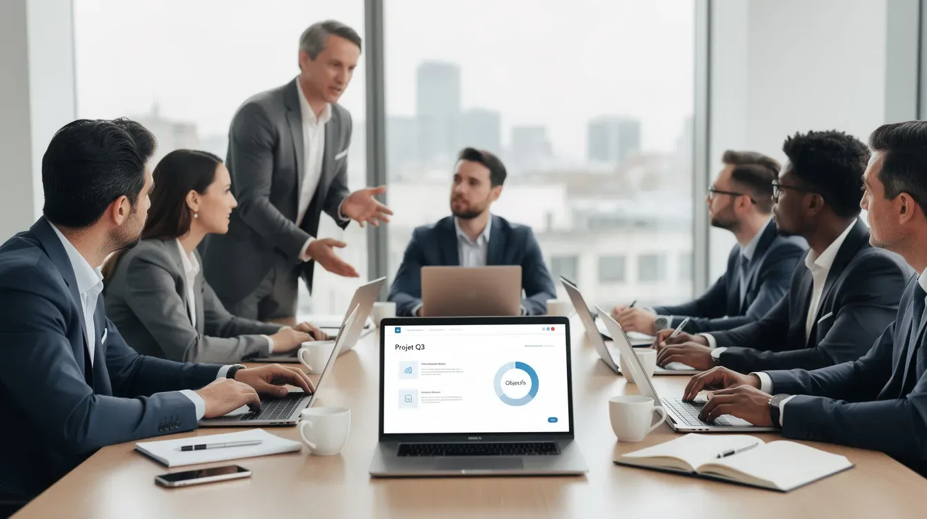 L'image montre une équipe de professionnels en pleine discussion autour d'une table de réunion, chacun avec un ordinateur portable. Ils semblent échanger des idées sur la mise en place de la facturation électronique et les obligations liées à la réception des factures électroniques.
