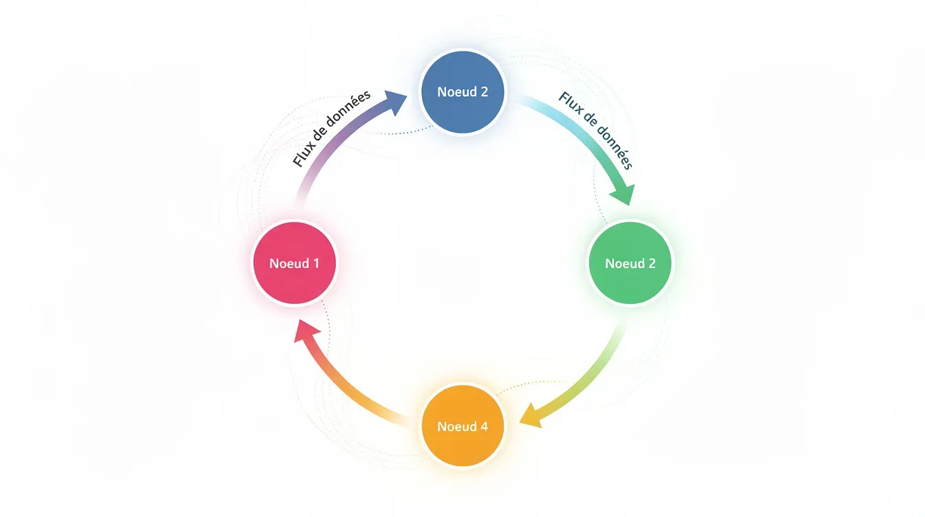 L'image montre un schéma circulaire avec quatre nœuds interconnectés, illustrant des flèches représentant des flux de données entre eux. Ce diagramme évoque le réseau Peppol, utilisé pour la facturation électronique et l'échange de documents électroniques entre organisations en France et en Europe.