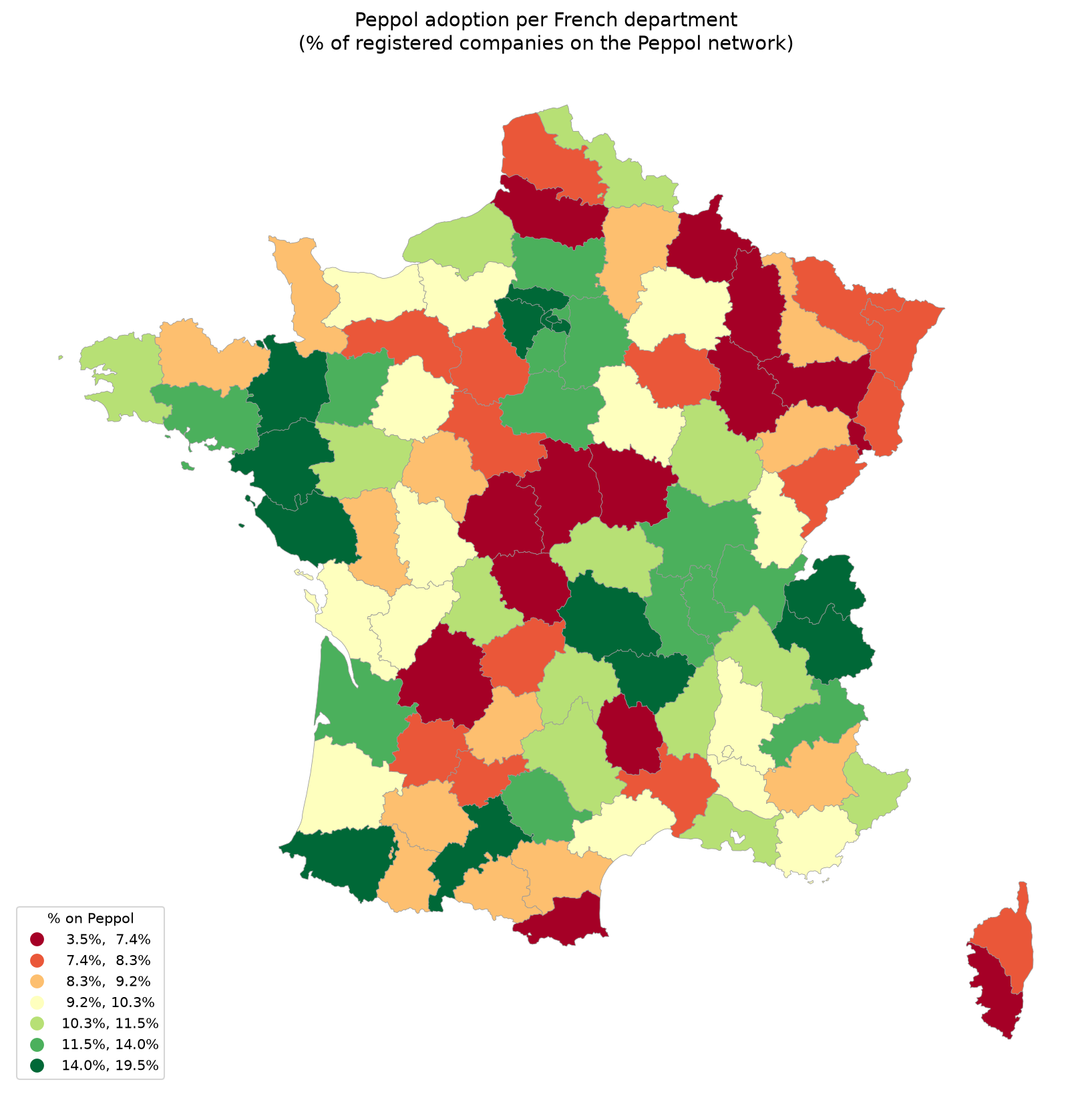 Carte de France coloriée par département selon le taux d'adoption Peppol, de 3,5 % (rouge) à 19,5 % (vert foncé)